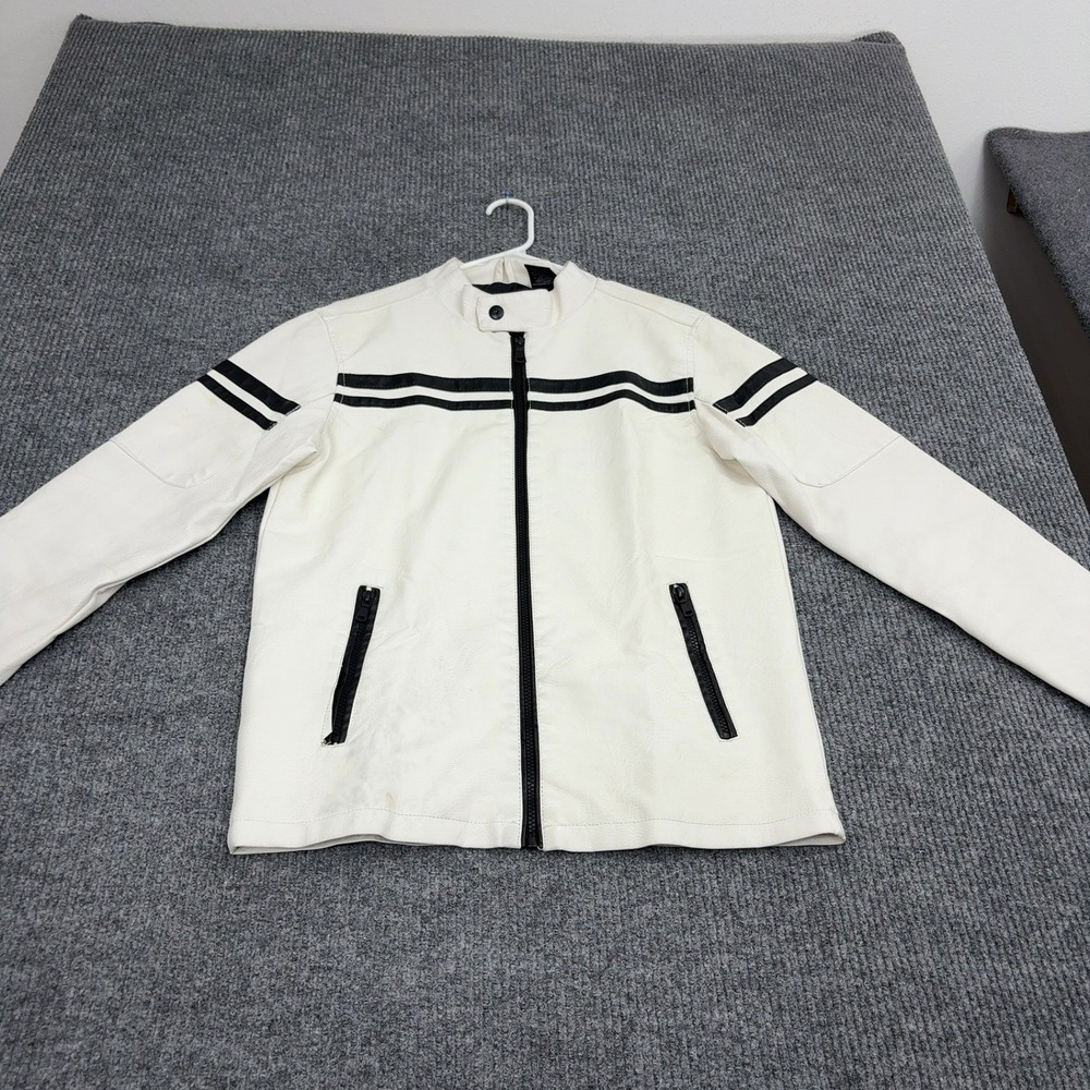 Hard Edge Jacket Mens M White Faux Leather Striped Cafe Racer Moto Biker Jacket